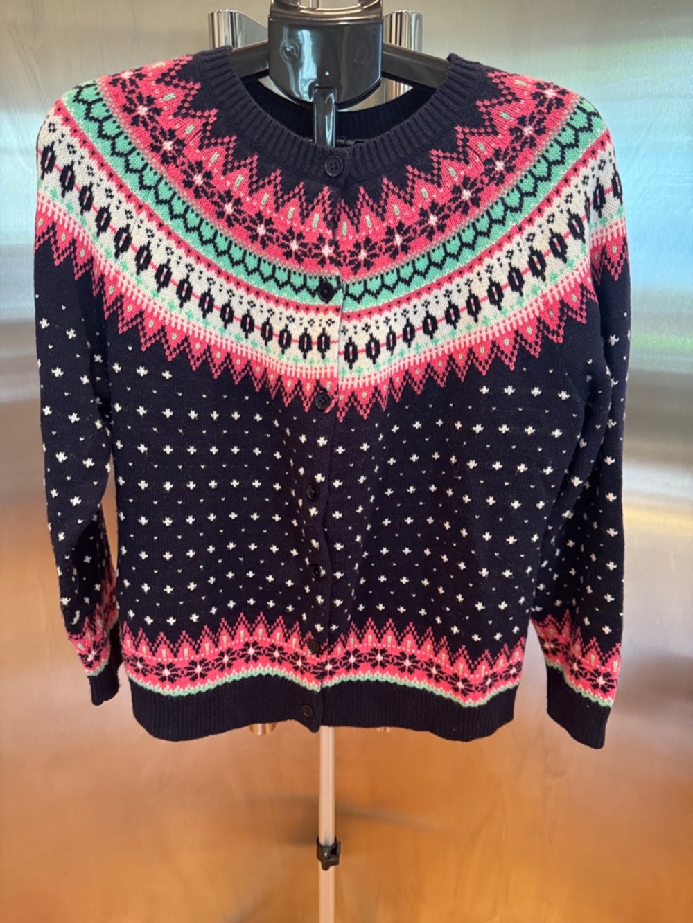 Talbots Navy Fair Isle Knit Cardigan Sweater - Women's